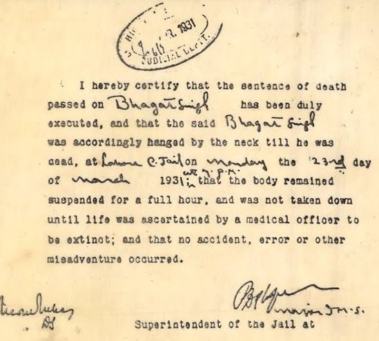 death certificate bhagat singh