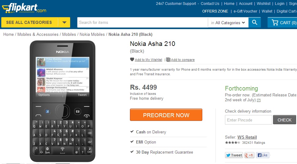 Nokia Asha 210 Flipkart