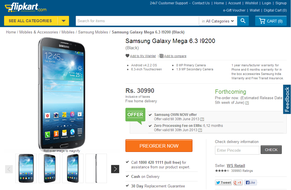 Samsung Galaxy Mega 6.3 Flipkart