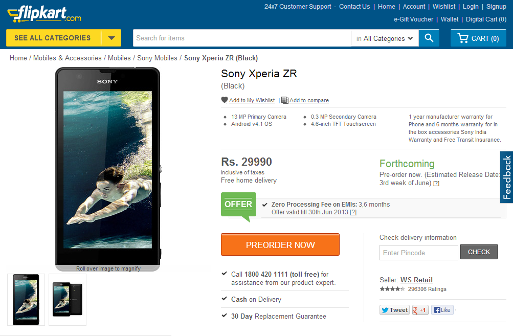 Sony Xperia ZR Flipkart